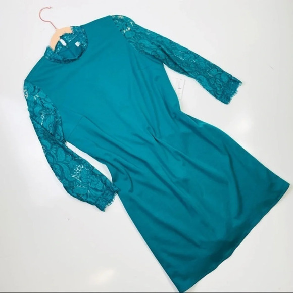 Charming Charlie Teal Aqua Lace Sleeve Shift Dress‎ Size Small - Picture 2 of 8